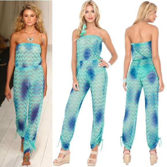 Luli Fama Pants - LULI FAMA SIETE MARES Crochet Strapless Jumpsuit Cover Up Size L Blue Multi NEW